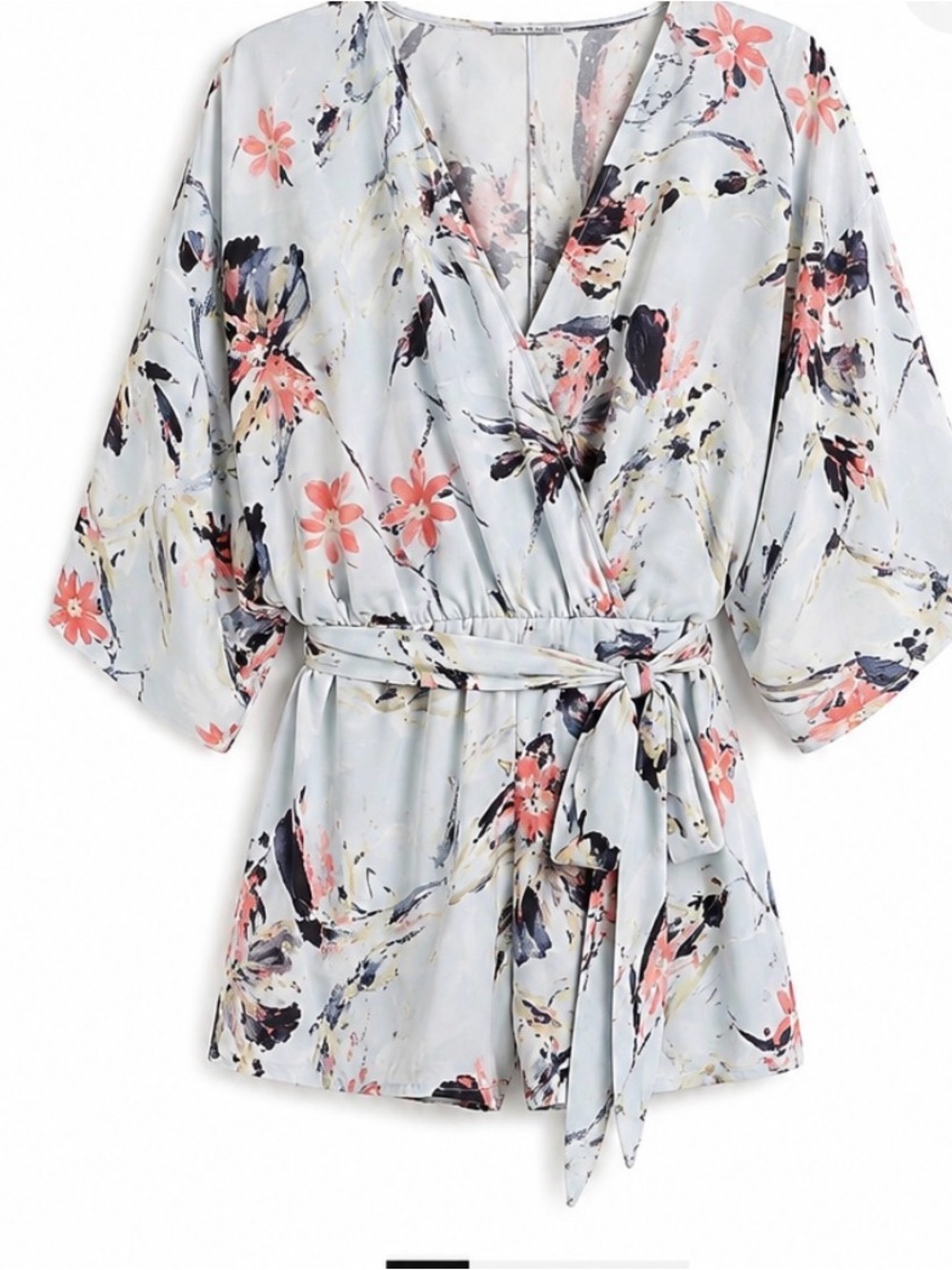 Lulus Paraiso Floral Wrap Romper Light Blue Kimono Sleeve NWOT M